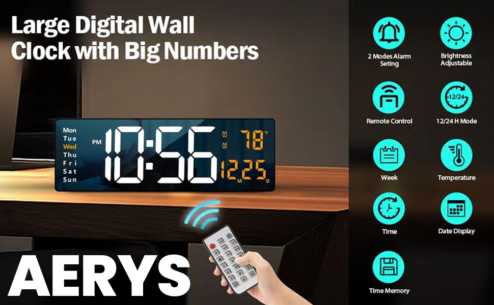 Digital Alarm Clock Wall Table Clock Large Display,16.2 Inch Large LED Digital Clock with Remote Control/Automatic Brightness Dimmer Big Clock with Date Week Temperature Font Colour May Vary