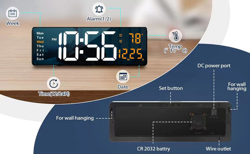 Digital Alarm Clock Wall Table Clock Large Display,16.2 Inch Large LED Digital Clock with Remote Control/Automatic Brightness Dimmer Big Clock with Date Week Temperature Font Colour May Vary